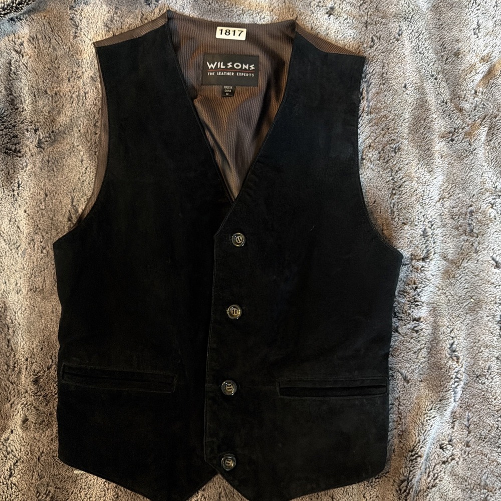 Vintage Wilsons Men's Vest Size M Black Solid 100% Leather Waistcoat
